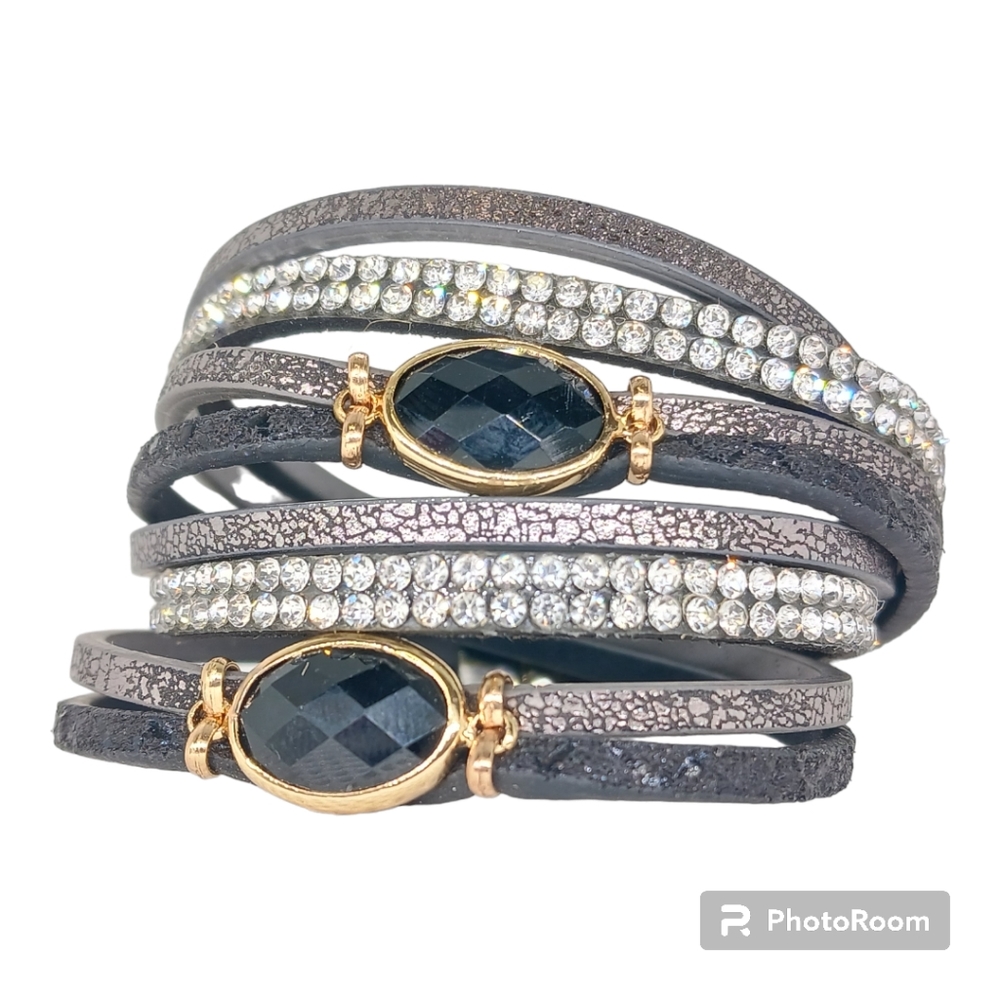 Plus-Size Available! Leather and crystal rhinestone cuff wrap bracelet